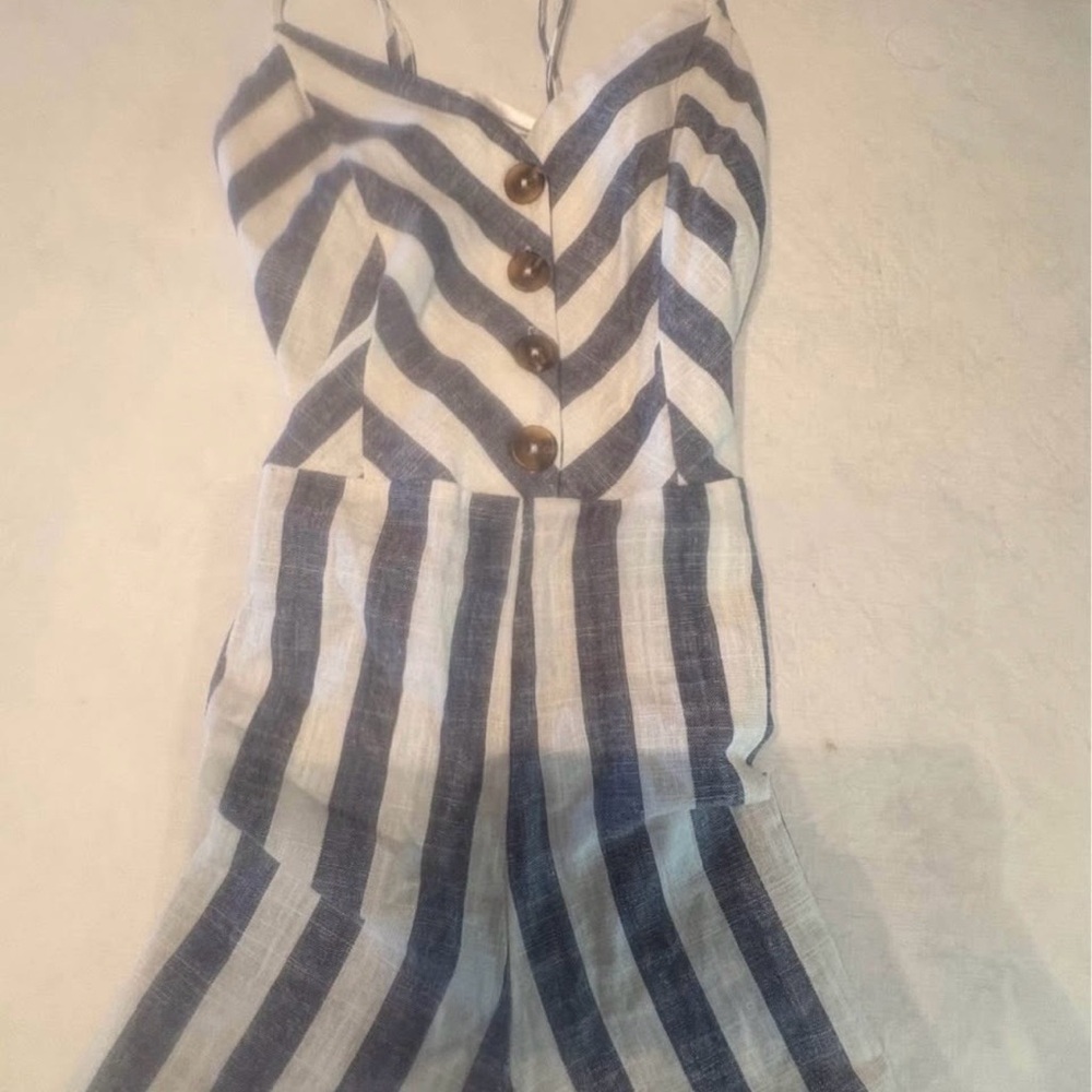 Kensie Navy and White Striped Linen Jumpsuit